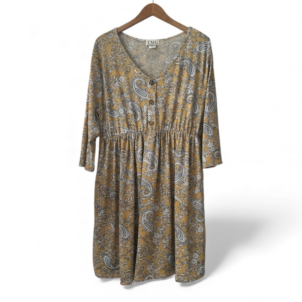 TMG Paisley Print V-Neck Yellow Mustard Flowy Dress sz 3X